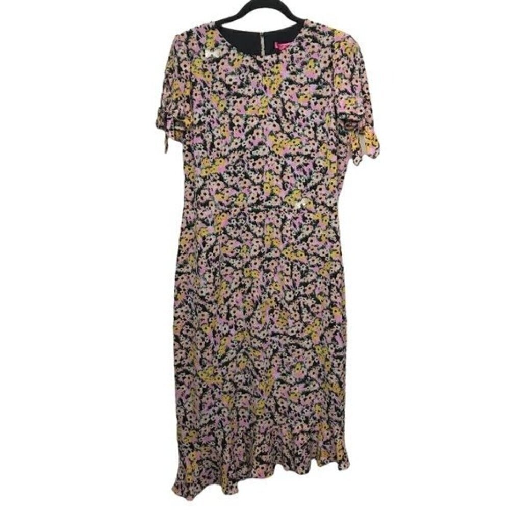 Betsey Johnson Pink Yellow Floral Print Ruffle Hem Midi Dress $138 NWT Size 12